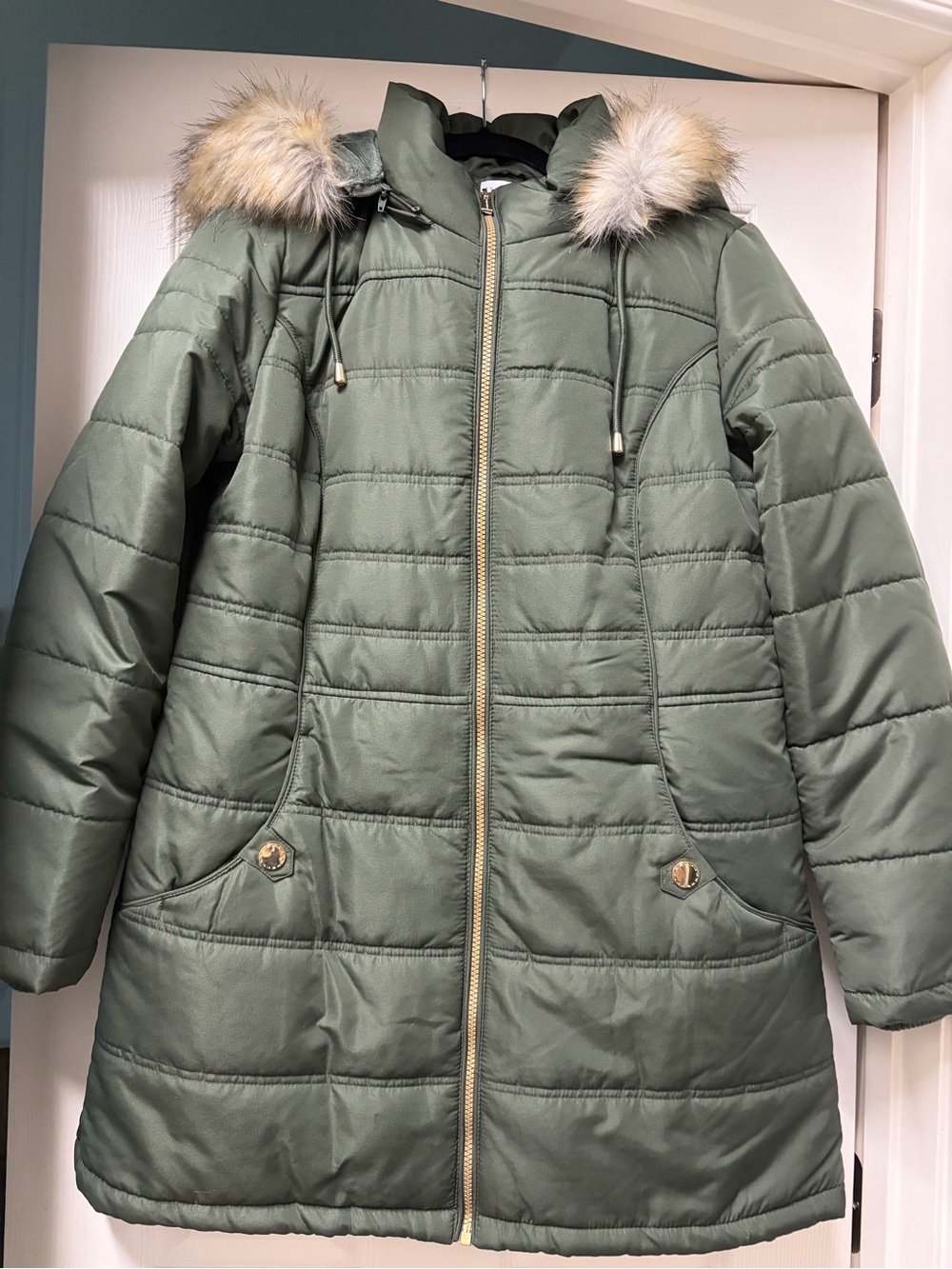 Susan Graver Olive Green Quilted Puffer Coat with Faux Fur Trim